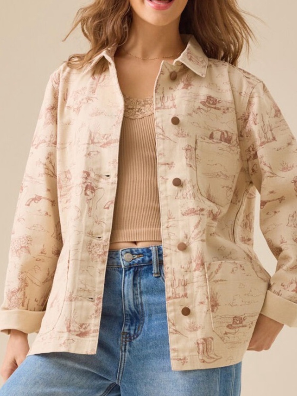Altar'd State Beige Scenic-Print Button Jacket - Picture 2 of 10
